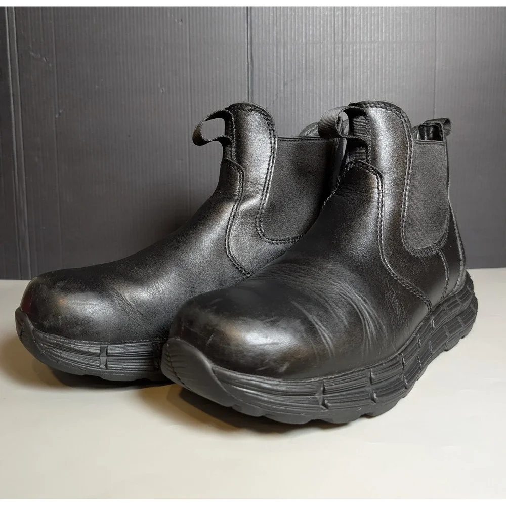 HAWX Mens Chelsea Work Boots Black Leather Slip Resistant Soft Toe 8.5D